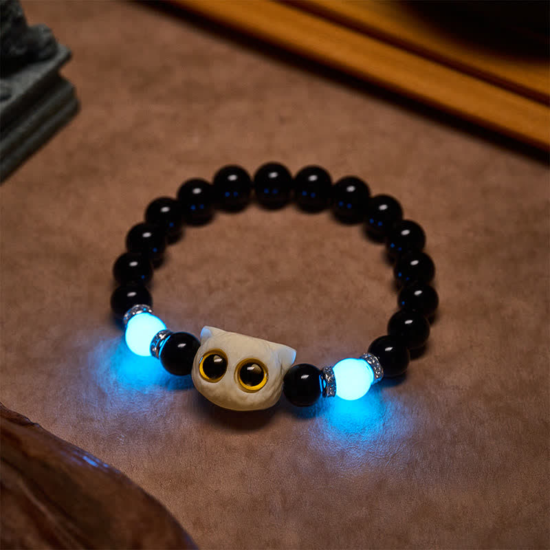 Buddha Stones Schwarzes Obsidian-Armband mit handgeschnitztem Relief einer Katze mit großem Auge - image 20