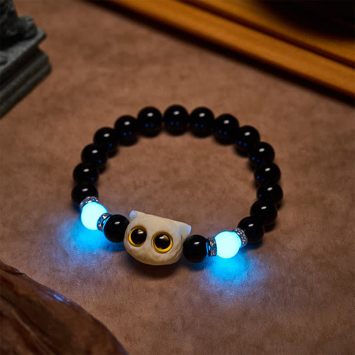 Buddha Stones Schwarzes Obsidian-Armband mit handgeschnitztem Relief einer Katze mit großem Auge - image 20