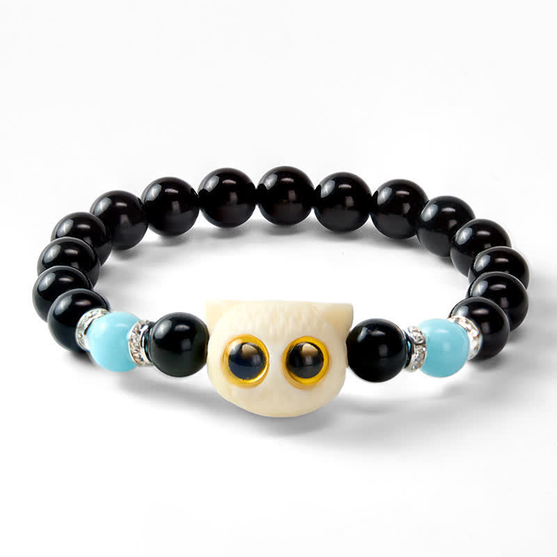 Buddha Stones Schwarzes Obsidian-Armband mit handgeschnitztem Relief einer Katze mit großem Auge - image 23