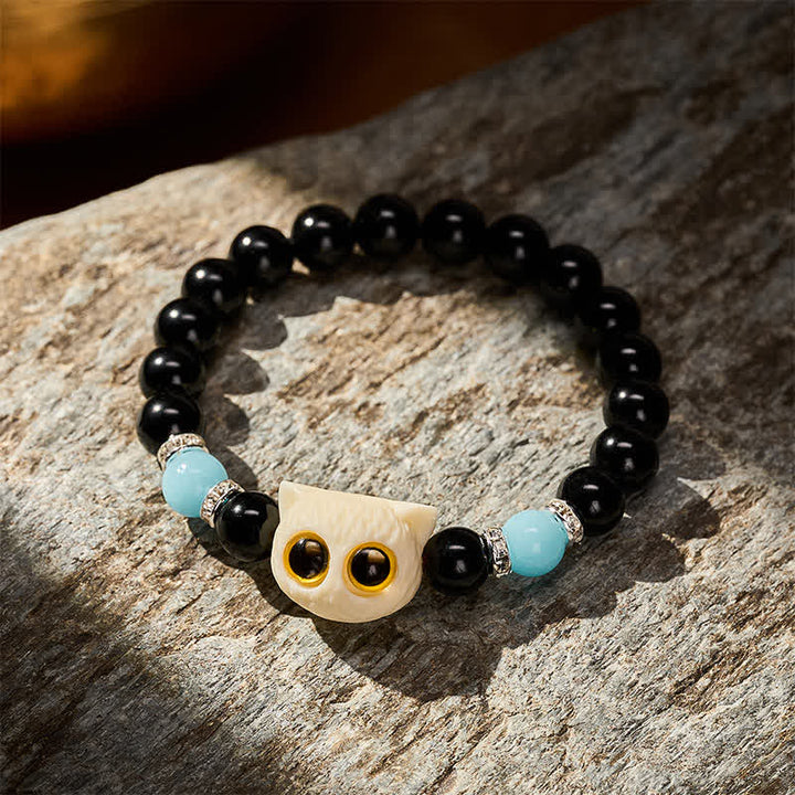 Buddha Stones Schwarzes Obsidian-Armband mit handgeschnitztem Relief einer Katze mit großem Auge - image 17