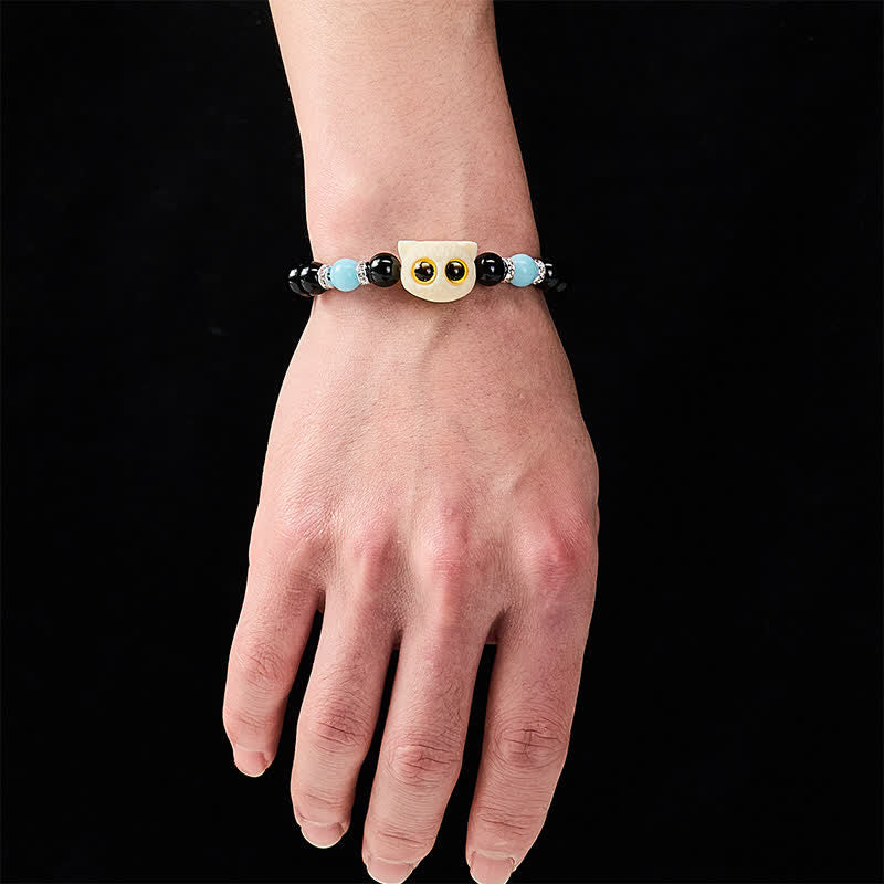 Buddha Stones Schwarzes Obsidian-Armband mit handgeschnitztem Relief einer Katze mit großem Auge - image 18