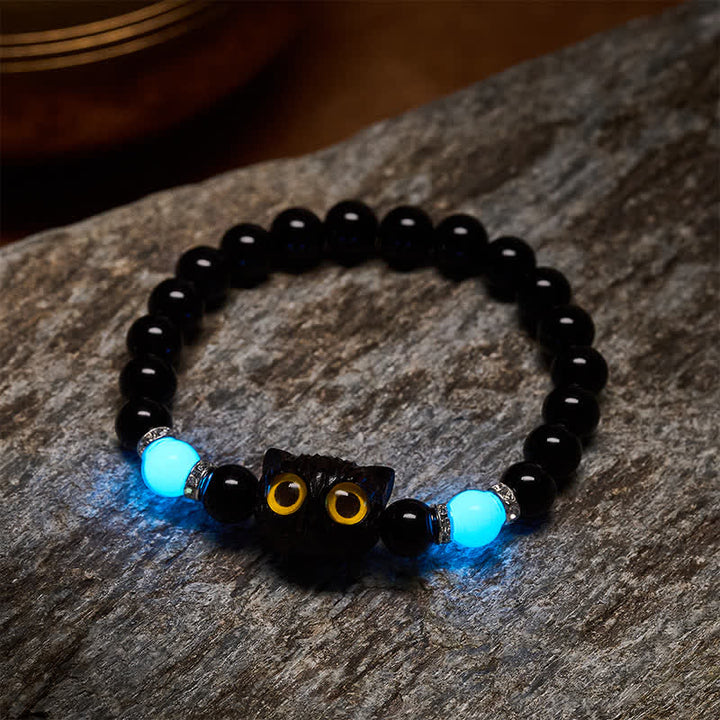 Buddha Stones Schwarzes Obsidian-Armband mit handgeschnitztem Relief einer Katze mit großem Auge - image 9