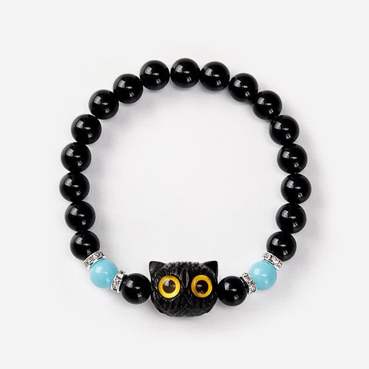 Buddha Stones Schwarzes Obsidian-Armband mit handgeschnitztem Relief einer Katze mit großem Auge - image 13
