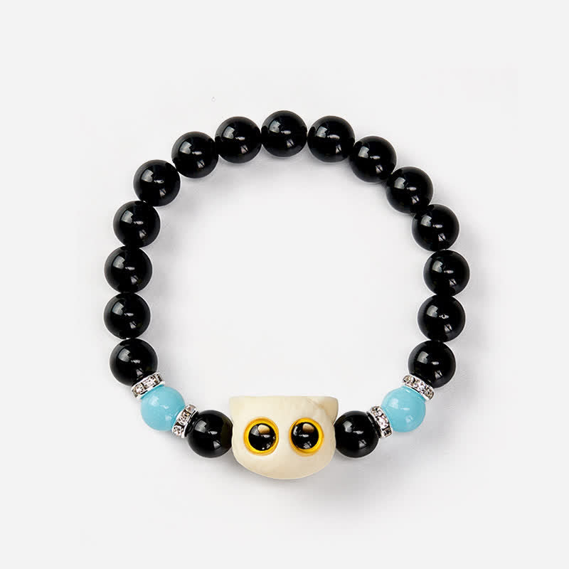 Buddha Stones Schwarzes Obsidian-Armband mit handgeschnitztem Relief einer Katze mit großem Auge - image 22