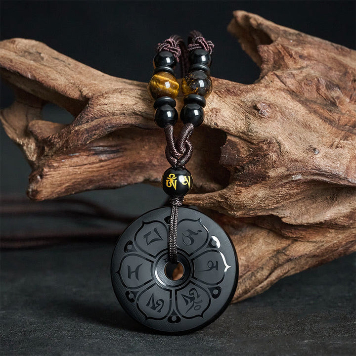 Buddha Stones Schwarze Obsidian-Friedensschnalle, gravierte geflochtene Halskette - Om Mani Padme Hum (Liebe ♥ Weisheit) - image 0
