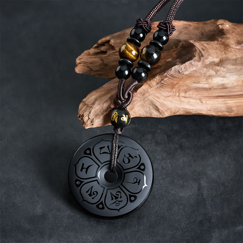 Buddha Stones Schwarze Obsidian-Friedensschnalle, gravierte geflochtene Halskette - image 1