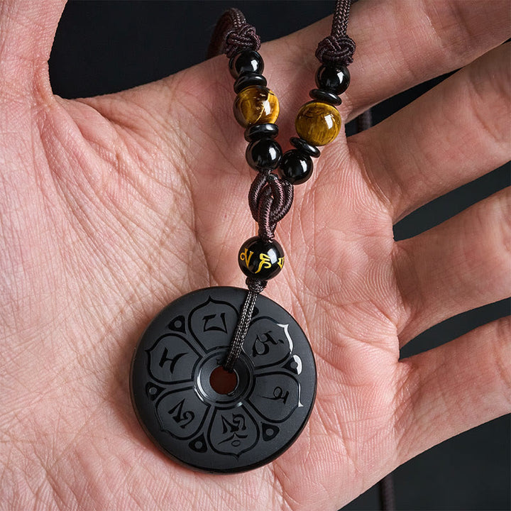 Buddha Stones Schwarze Obsidian-Friedensschnalle, gravierte geflochtene Halskette - image 7