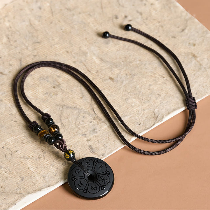 Buddha Stones Schwarze Obsidian-Friedensschnalle, gravierte geflochtene Halskette - image 2