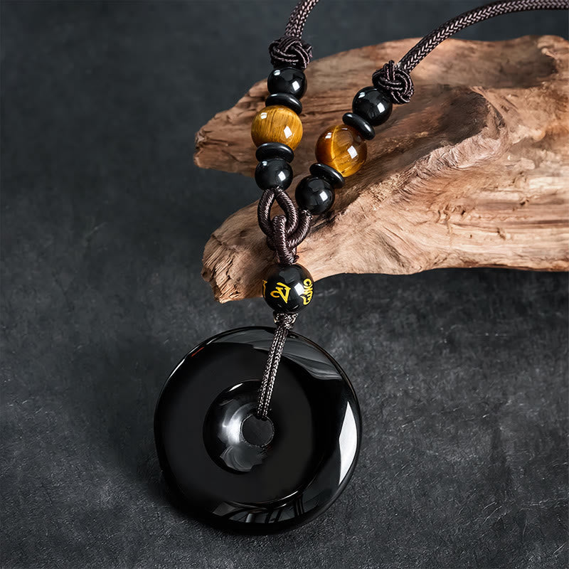 Buddha Stones Schwarze Obsidian-Friedensschnalle, gravierte geflochtene Halskette - image 4