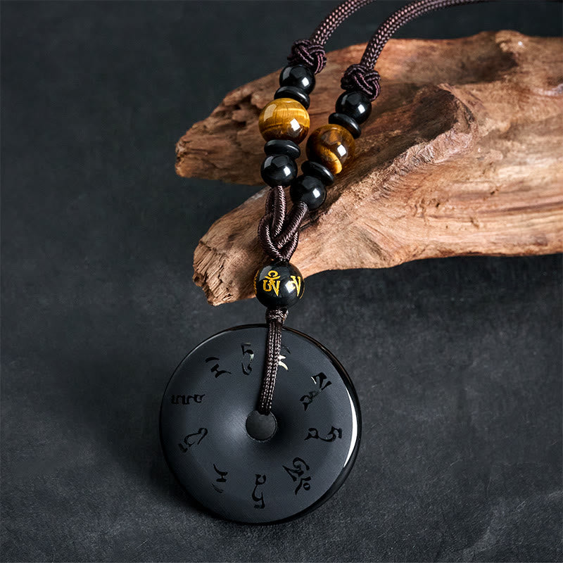 Buddha Stones Schwarze Obsidian-Friedensschnalle, gravierte geflochtene Halskette - image 9