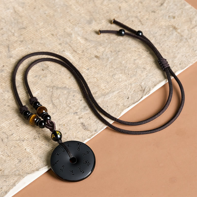 Buddha Stones Schwarze Obsidian-Friedensschnalle, gravierte geflochtene Halskette - image 11