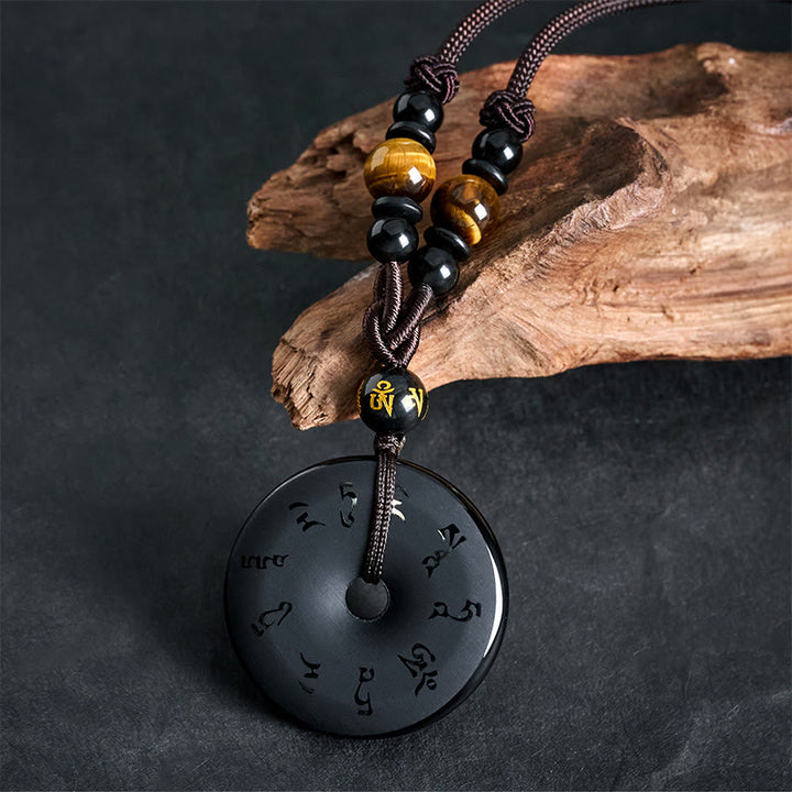 Buddha Stones Schwarze Obsidian-Friedensschnalle, gravierte geflochtene Halskette - image 9