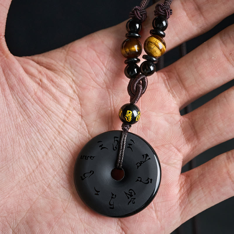 Buddha Stones Schwarze Obsidian-Friedensschnalle, gravierte geflochtene Halskette - image 12