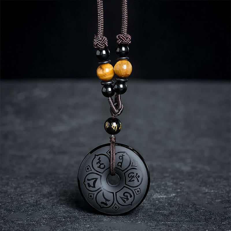 Buddha Stones Schwarze Obsidian-Friedensschnalle, gravierte geflochtene Halskette - image 15