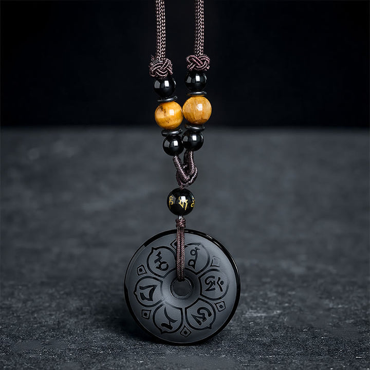 Buddha Stones Schwarze Obsidian-Friedensschnalle, gravierte geflochtene Halskette - image 15