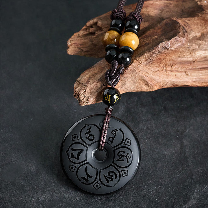 Buddha Stones Schwarze Obsidian-Friedensschnalle, gravierte geflochtene Halskette - image 14