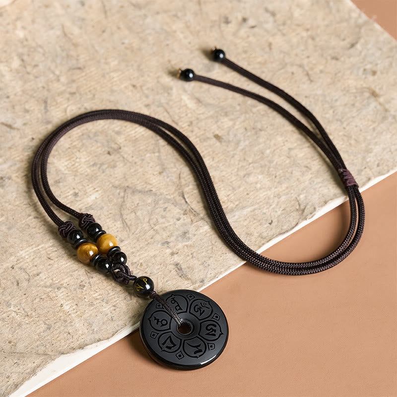 Buddha Stones Schwarze Obsidian-Friedensschnalle, gravierte geflochtene Halskette - image 16