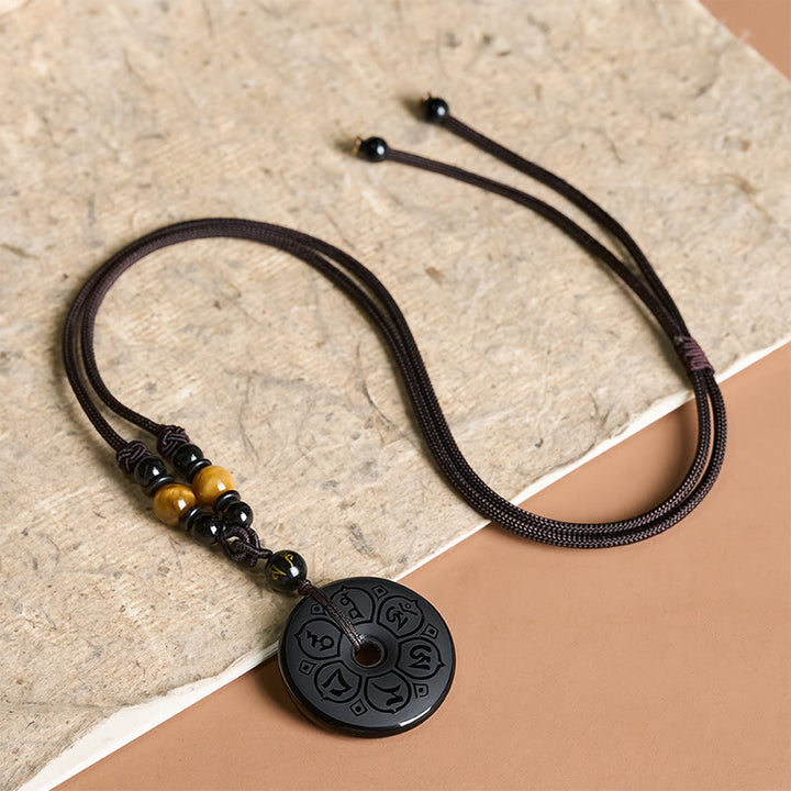 Buddha Stones Schwarze Obsidian-Friedensschnalle, gravierte geflochtene Halskette - image 16