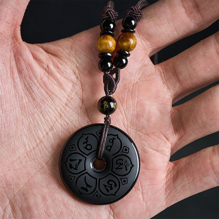 Buddha Stones Schwarze Obsidian-Friedensschnalle, gravierte geflochtene Halskette - image 17