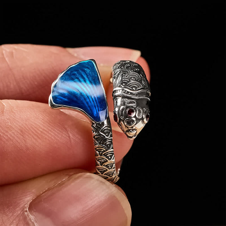 Buddha Stones Vintage Koi-Fischring aus blauer Emaille, verstellbar, Erfolg - image 3