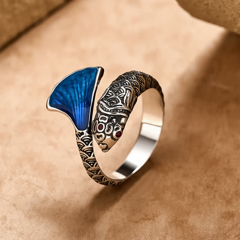 Buddha Stones Vintage Koi-Fischring aus blauer Emaille, verstellbar, Erfolg - Kupfer - Ca. 18,4 mm / US 8 (verstellbar) - image 0