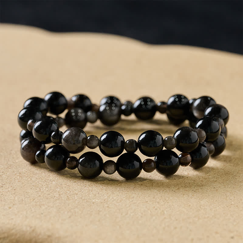Buddha Stones Schwarzes Obsidian-Armband mit ein- oder zweilagigen, runden Perlen - 10 mm schwarzer Obsidian - Doppelt gewickelt - image 8