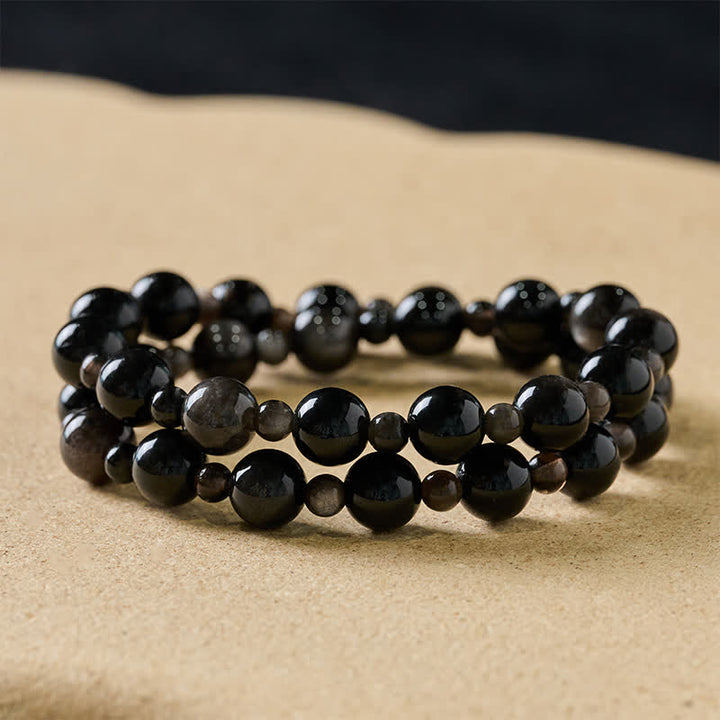 Buddha Stones Schwarzes Obsidian-Armband mit ein- oder zweilagigen, runden Perlen - 10 mm schwarzer Obsidian - Doppelt gewickelt - image 8