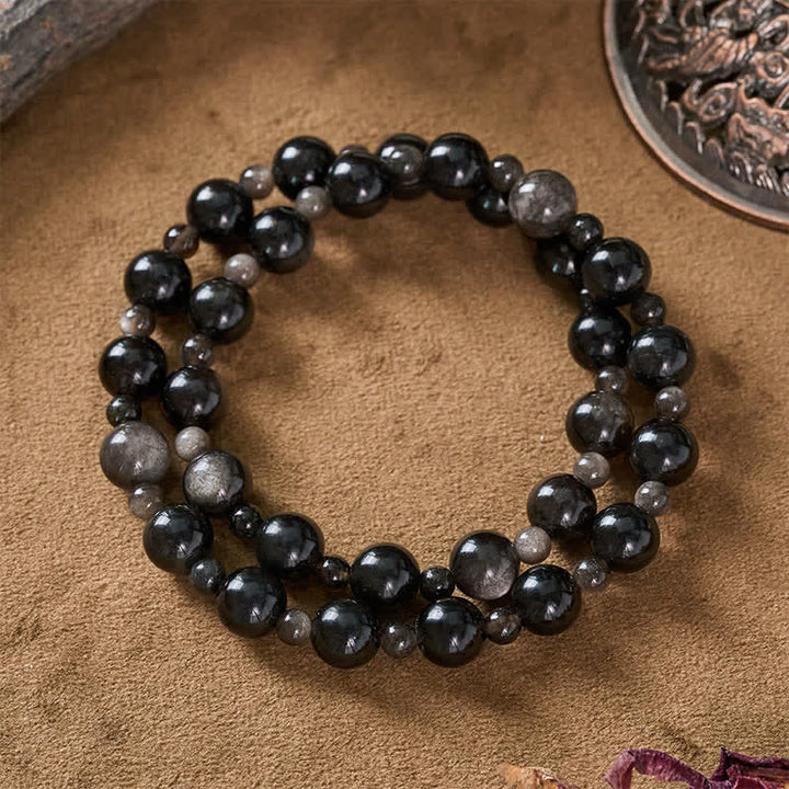 Buddha Stones Schwarzes Obsidian-Armband mit ein- oder zweilagigen, runden Perlen - image 9