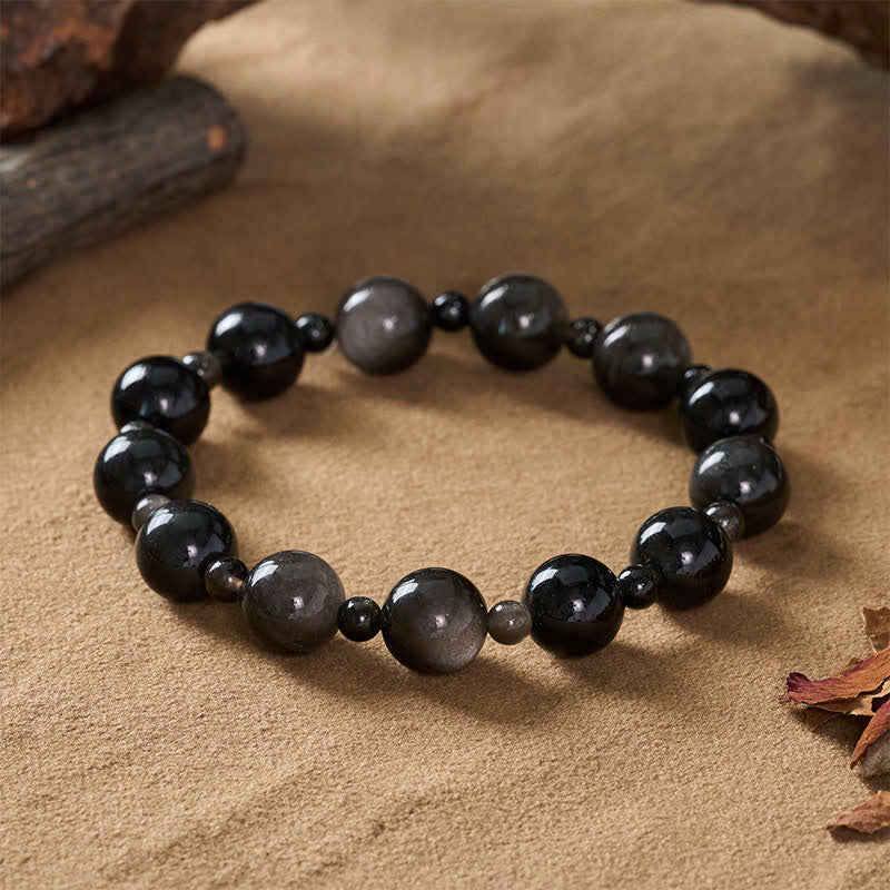 Buddha Stones Schwarzes Obsidian-Armband mit ein- oder zweilagigen, runden Perlen - image 1