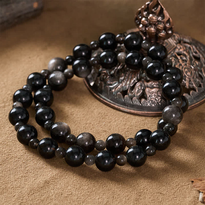 Buddha Stones Schwarzes Obsidian-Armband mit ein- oder zweilagigen, runden Perlen - image 12