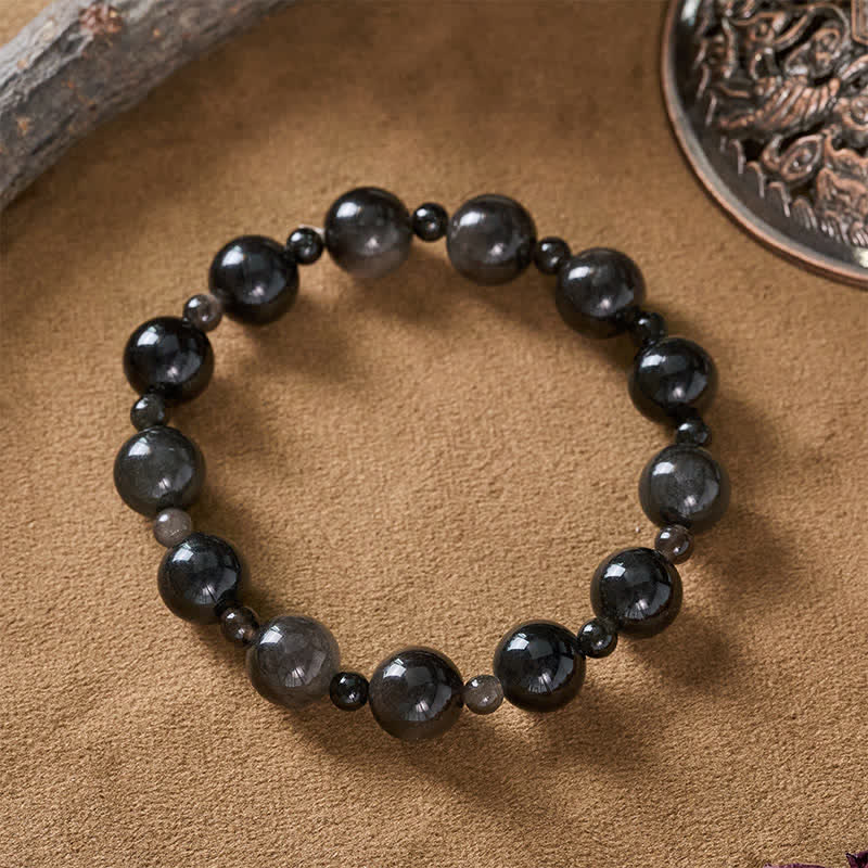 Buddha Stones Schwarzes Obsidian-Armband mit ein- oder zweilagigen, runden Perlen - image 3