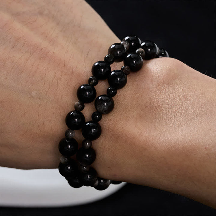 Buddha Stones Schwarzes Obsidian-Armband mit ein- oder zweilagigen, runden Perlen - image 13