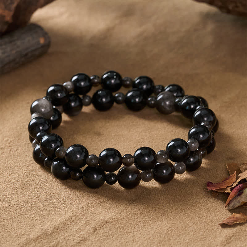 Buddha Stones Schwarzes Obsidian-Armband mit ein- oder zweilagigen, runden Perlen - image 11