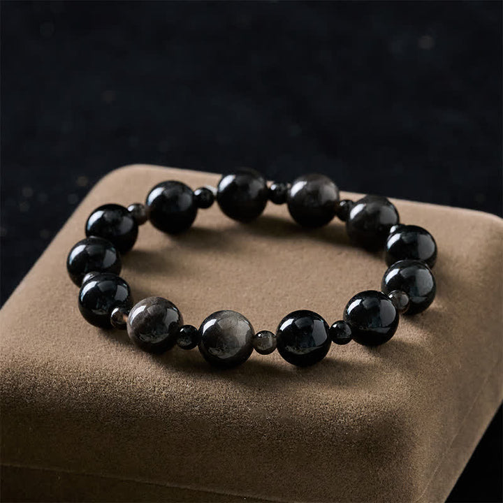 Buddha Stones Schwarzes Obsidian-Armband mit ein- oder zweilagigen, runden Perlen - image 2