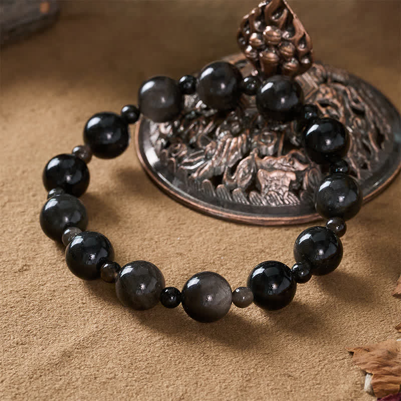 Buddha Stones Schwarzes Obsidian-Armband mit ein- oder zweilagigen, runden Perlen - image 4