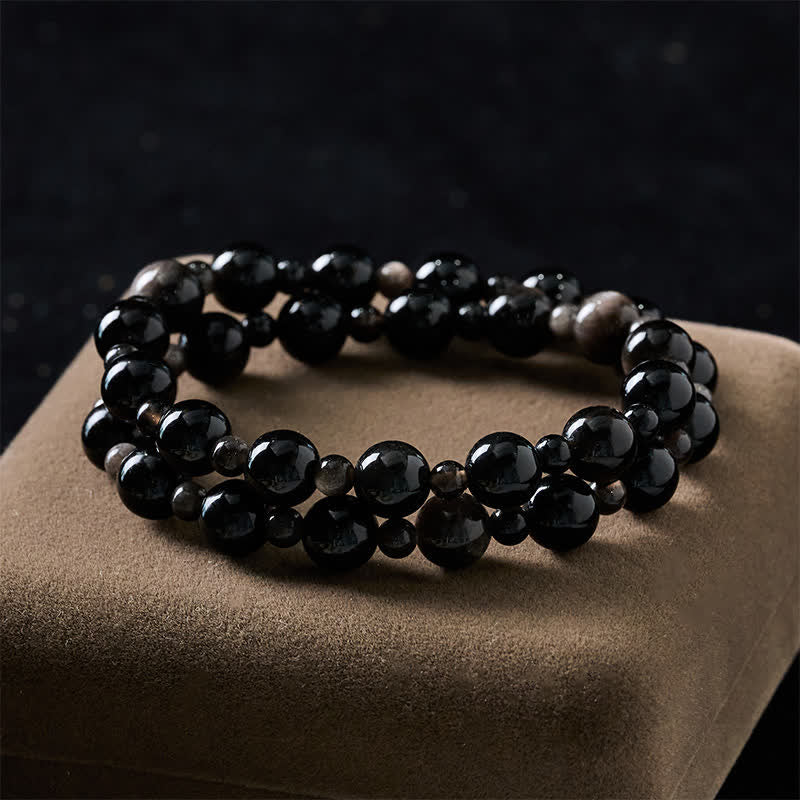 Buddha Stones Schwarzes Obsidian-Armband mit ein- oder zweilagigen, runden Perlen - image 10