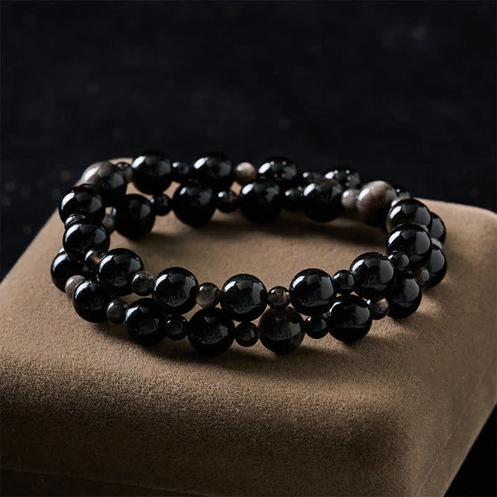 Buddha Stones Schwarzes Obsidian-Armband mit ein- oder zweilagigen, runden Perlen - image 10