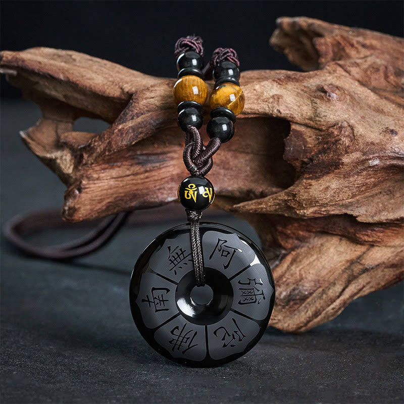 Buddha Stones Schwarze Obsidian-Halskette mit Namo-Ami-Friedensschnalle und Gravur - Schwarzer Obsidian (Reinigung♥Stärke) - image 0