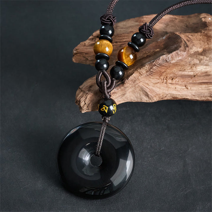 Buddha Stones Schwarze Obsidian-Halskette mit Namo-Ami-Friedensschnalle und Gravur - image 4