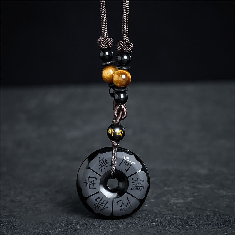 Buddha Stones Schwarze Obsidian-Halskette mit Namo-Ami-Friedensschnalle und Gravur - image 2