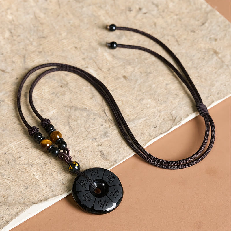Buddha Stones Schwarze Obsidian-Halskette mit Namo-Ami-Friedensschnalle und Gravur - image 3