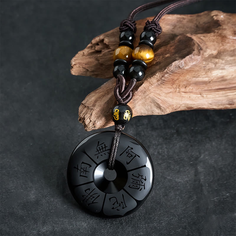 Buddha Stones Schwarze Obsidian-Halskette mit Namo-Ami-Friedensschnalle und Gravur - image 1
