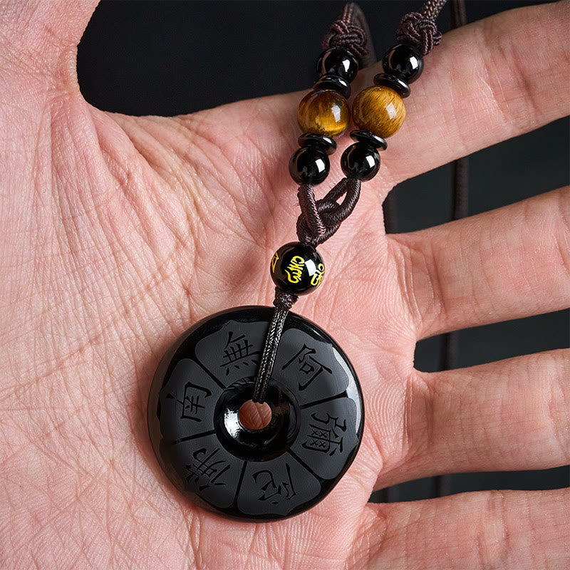 Buddha Stones Schwarze Obsidian-Halskette mit Namo-Ami-Friedensschnalle und Gravur - image 6