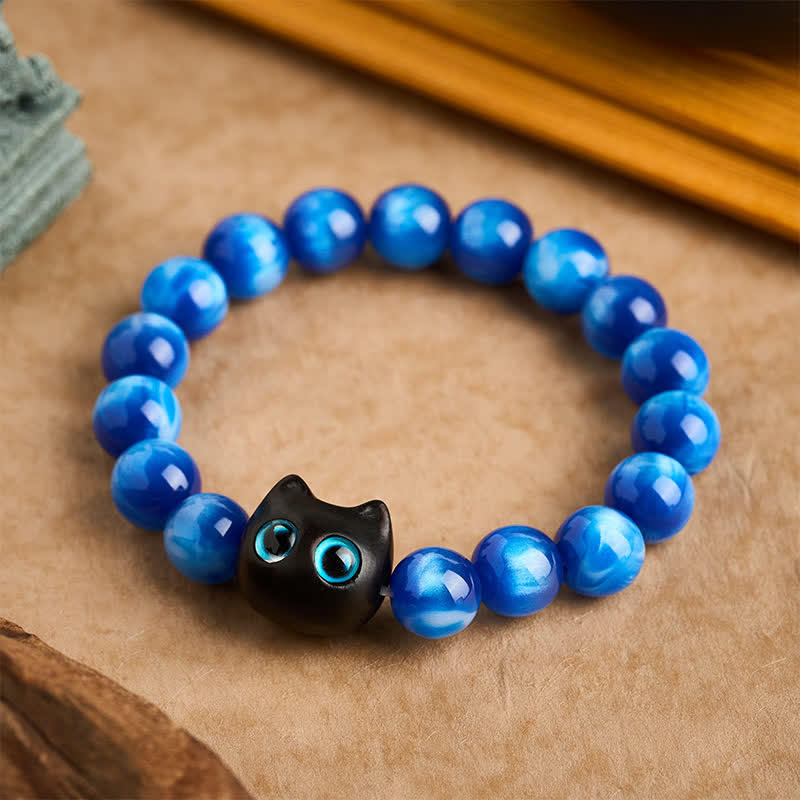 Buddha Stones Balance-Armband aus blauen Harzperlen und Ebenholz mit Katzenmotiv - 12 mm (Handgelenkumfang: 6,7–7,1 Zoll / 17–18 cm) - image 0