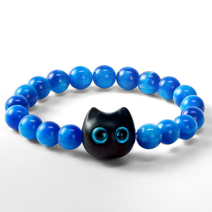 Buddha Stones Balance-Armband aus blauen Harzperlen und Ebenholz mit Katzenmotiv - image 15