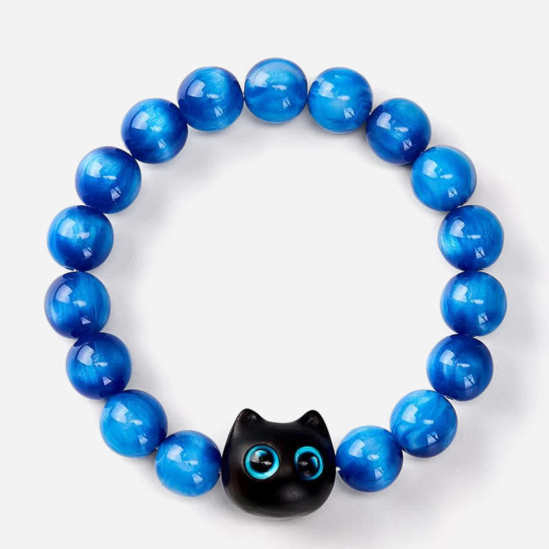 Buddha Stones Balance-Armband aus blauen Harzperlen und Ebenholz mit Katzenmotiv - image 2