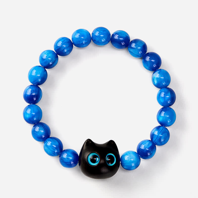 Buddha Stones Balance-Armband aus blauen Harzperlen und Ebenholz mit Katzenmotiv - image 11
