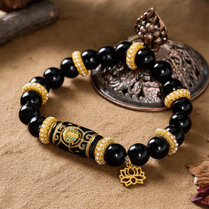 Buddha Stones Schwarzes Obsidian-Harz-Fassperlen-Lotusanhänger-Schutz-Rundperlenarmband - image 3
