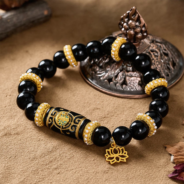Buddha Stones Schwarzes Obsidian-Harz-Fassperlen-Lotusanhänger-Schutz-Rundperlenarmband - image 3