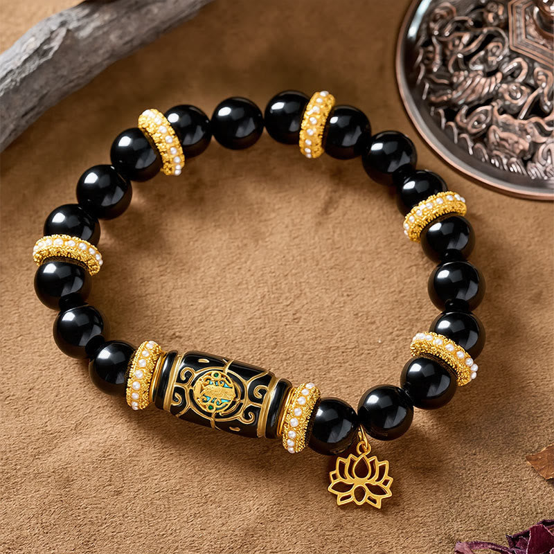 Buddha Stones Schwarzes Obsidian-Harz-Fassperlen-Lotusanhänger-Schutz-Rundperlenarmband - Schwarzer Obsidian (Handgelenkumfang: 17-18 cm) - image 0